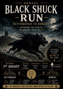 A poster advertising the Black Shuck Run showing the black shuck running at night with a church and a moon in background